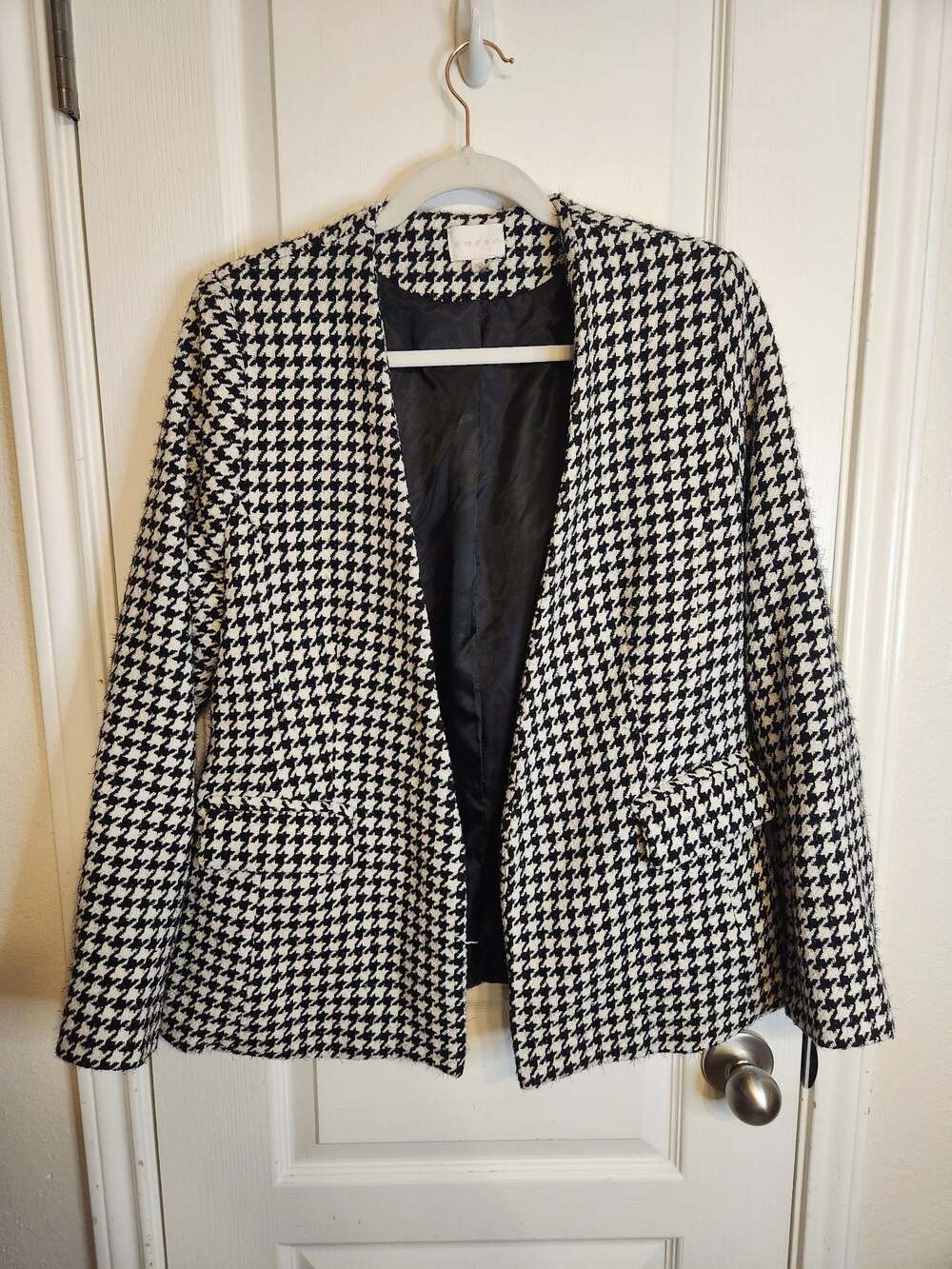 Women's Houndstooth Open Front Blazer Jacket Black and White